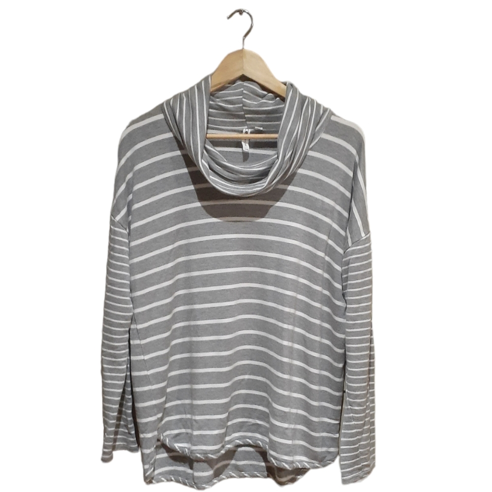 Cable & Gauge Women's Long Sleeve Top Gray White Stripe Cowl Neck Size XL